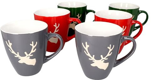 MamboCat 6-er Kaffee-Becher-Set Hirsch konisch Weihnachten I Keramik-Tasse groß mit Hirschkopf - 2X Rot Grün Grau I große Jumbo-Tee-Tasse - Tea & Coffee Mug I 250 ml Weihnachts-Tassen-Set 6 St.