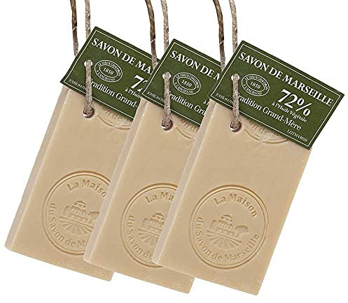Savon de Marseille - French Vegetable Soap Slice - 72% Organic Vegetable Oil Soap on a Rope - Multipurpose - 250 Gram Slice - Set of 3