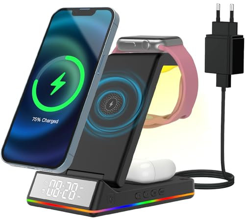 PINRUIGE Wireless Charger Mit Uhr und Nacht Licht, 3 in 1 Induktive Ladestation Kabelloses Ladegerät Kompatibel mit i-Phone 15 14 13 12 11 Pro Max/XS/XR/X/8, iWatch Ultra/8/7/6/SE/5/4/3, AirPods Pro