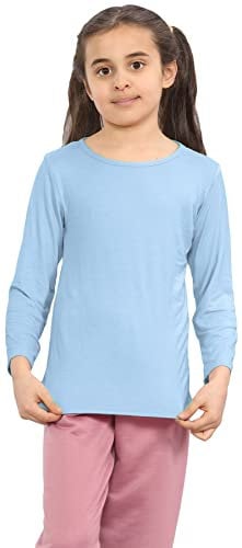 janisramone® Girls' School Shirts - Stretchy & Comfortable Round Neck Pastel Colors T-Shirts - Casual Long Sleeve Tops Sky Blue