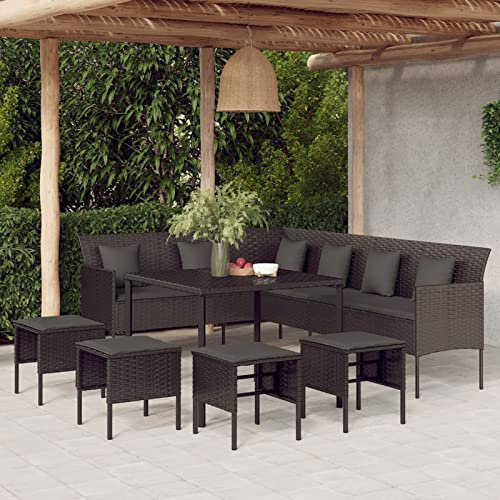 Yolola Poly Rattan Ecksofa Rattan-Lounge Esstisch Garten-Essgruppe Gartenmöbel-Set Garten Sitzgruppe Gartengarnitur Sofa Garnitur Couch-Eck Schwarz