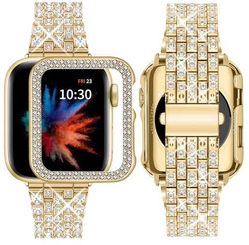 Beutirer Kompatibel mit Apple Watch ArmBand 45mm + Hülle, Damenschmuck Bling Diamant Strass Ersatz Metallarmband PC Schutzhülle für iWatch Band Serie 9/8/7 (45mm Gold)