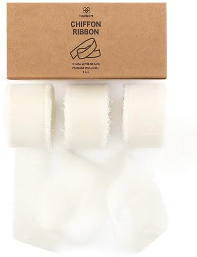 Vitalizart Creme Schleifenband 2,5 cm x 19,2 m, Weiß Geschenkband Chiffonband Fransenstoffband, Bänder-Set für Hochzeitseinladung, Brautstrauß, Dekoration, Geschenkverpackung, Schleifenherstellung