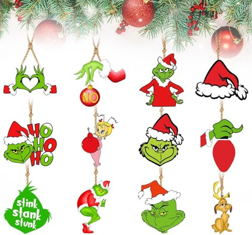 24 ornamenti natalizi in legno Grinch ornamenti per albero di Natale decorazioni da appendere Natale Grinch sagome in legno per Natale vacanze Capodanno inverno paese delle meraviglie festa a casa
