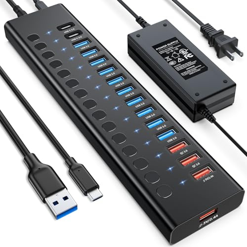 Angetriebener USB-Hub, AGEEN 16-Port USB 3.0 Hub (10 USB-A 3.0+2 QC 24W Schnellladung+2 Smart-Charging+2 USB-C 3.0-Anschlüsse), 12V/8A 96W UL-zertifizierter Netzadapter für PC, Laptop, HDD