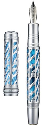 Hongdian - Penna stilografica a stantuffo, formato A6, pennino fine e morbido, scheletro cavo blu argento e penna in resina, set con custodia in metallo