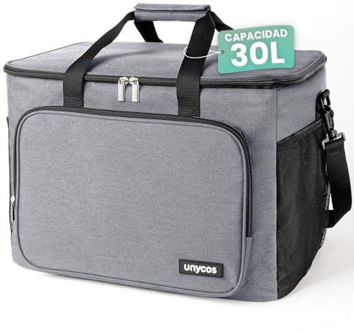 unycos - Bolsa Térmica Porta Alimentos【30L】 Nevera Portátil, Lunch Box Impermeable, Hermética e Isotérmica, Porta Fiambrera de Gran Capacidad para Almuerzo, Oficina, Viaje, Pícnic o Colegio (Gris)