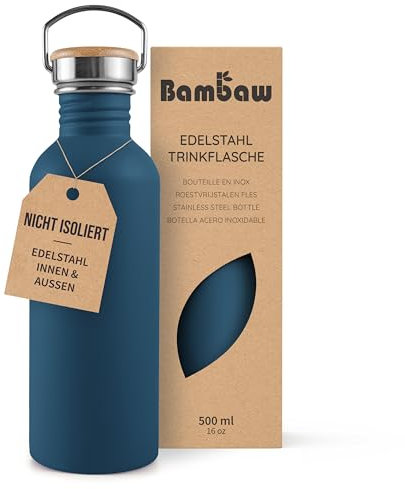 Bambaw Gourde Inox 500ml, Gourde Sport Bleue, Gourde Metal Non-Isotherme, Gourde Enfant Metal, Gourde 500ml, Gourde Réutilisable – Bleu Saphir