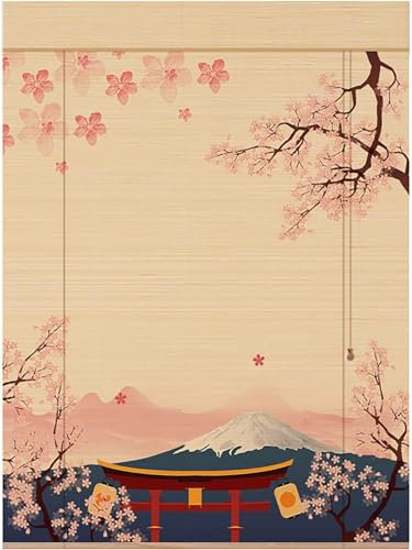 Japanese Roman Bamboo Roller Shades with Valance, Fuji Mountain Pattern, Blackout Roller Blind for Balcony, Den, Kitchen, Bathroom, Natural Color,A,W×H 120x300cm(47x118in) 16Serene