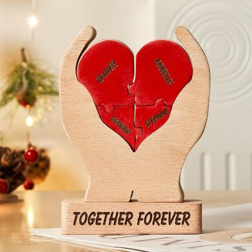 Personalisiertes Holzkunstpuzzle der Herzfamilie mit 2-8 Familiennamen | Bärenskulptur aus Holz als Desktop-Dekoration Ornament für Zuhause Tischdekoration, Mama Großmutter