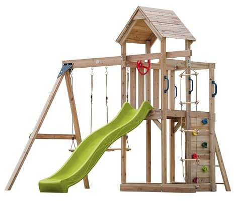 AXI Moos Spielturm aus Holz mit 2 Schaukeln & Strickleiter | XXL Spielhaus/Spielplatz für Kinder mit Kletterwand, Sandkasten & Rutsche in Hellgrün | Schaukelgerüst für den Garten..