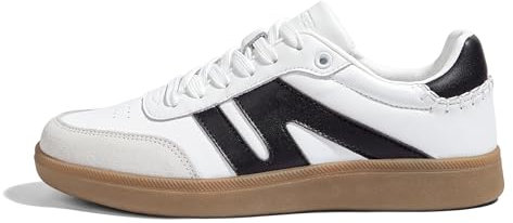 LUCKY STEP Damen Klassische Retro Sneaker mit Gummisohle - Modische Leder-Freizeitschuhe für Tennis und Skateboarden, rutschfeste Turnschuhe (Weiß/Schwarz, 10US-41EU-8UK)