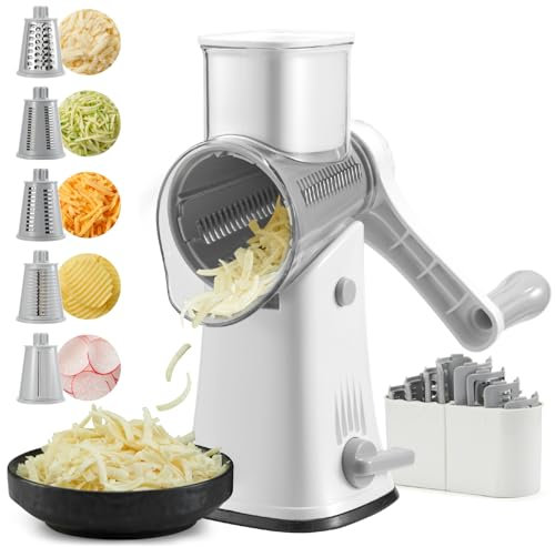 ALEXPHY Rotary Käsereibe Handkurbel, 5-in-1 Rotations-Käsereibe, stärkere Saugkraft, leicht zu reinigende Reibe für Obst, Gemüse, Nüsse, Weiß