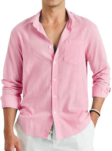 Enlision Chemise Rose Homme en Lin Manches Longues Été Coton Chemises Henley Shirts de Couleur Unie Leger Ample Casual de Plage Mariage XL