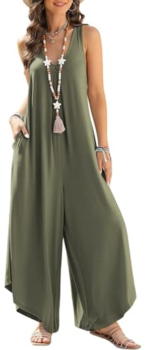Arevill Jumpsuit Damen Sommer Lang Elegant Mode Overall Hawaii Urlaub Strand V-Ausschnitt Hosenanzug Lose Lang Romper mit Taschen
