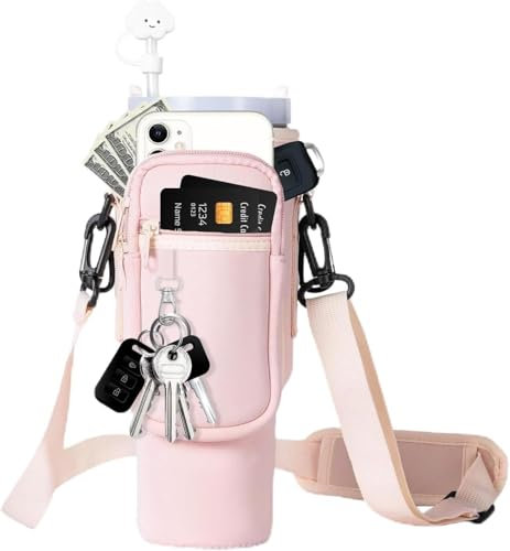Carry Bag for Stanley Cup 40 oz | Stanley Quencher Accessories | Stanley Cup Bag with Mobile Phone Pocket, Carry Handle Adjustable Shoulder Strap Carabiner Straw Case, pink