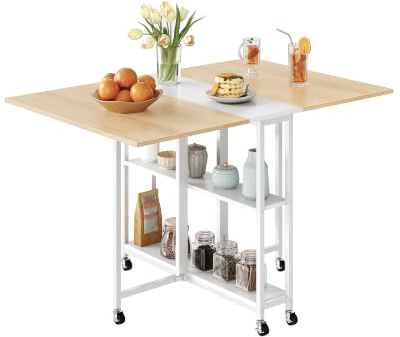 CHOEZON Klapptisch, Klappbarer Esstisch, Esstisch mit 6 Rollen und 2 Ablagen, Küchentisch, klapp- und erweiterbarer Schreibtisch für kleine Räume, Esszimmer, Wohnzimmer, Küche, Weiß und Natur DTCZ01WN