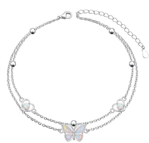 Opal-Schmetterlings-Fußkettchen für Frauen, S925 Sterlingsilber, Fußperlen, Boho-Schmetterlings-Fußkettchen, große Fußkettchen, Strandschmuck