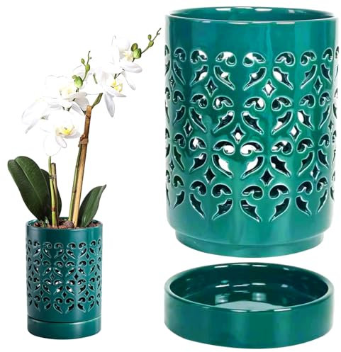 Macetas de orquídeas con agujeros, macetas de orquídeas con agujeros de orquídea de 4 pulgadas, macetas transpirables para la maceta de cerámica de cerámica con platillo para orquídeas promueve el