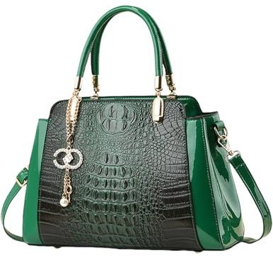 NICOLE & DORIS Elegante Handtaschen Damen Schultertaschen Kroko Henkeltasche Lackleder Frauen Umhängetasche Mittelgroß Tote Handtasche mit Anhänger Grün