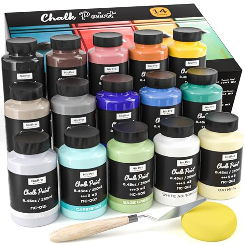 Nicpro Set di 14 colori a gesso per mobili, finitura ultra opaca (250 ml/8,4 once) con ruota di colori a cera liquida, mobili e decorazioni per la casa, per principianti e artisti