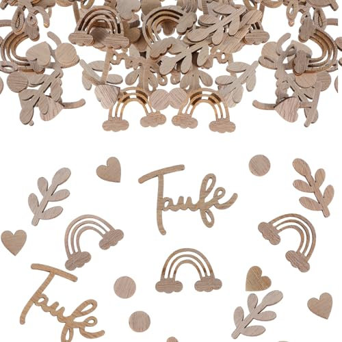 JIEYAO 120Stück Holz Konfetti Taufe,Holz Konfetti Tischdeko Kommunion Deko Streudeko Erstkommunion Deko Taufe Mädchen Junge Boho Herz Regenbogen Holz Konfetti für Konfirmation Babyshowerparty Taufdeko