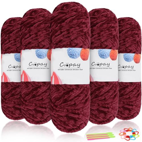 Coopay Samt Chenille Wolle zum Häkeln, 500g (5x100g) Velvet Chenillegarn, Dicke Wolle zum Stricken, Flauschige Weiche Samtig Chenillewolle mit Häkelzubehör für Schals, Decken - Fuchsie