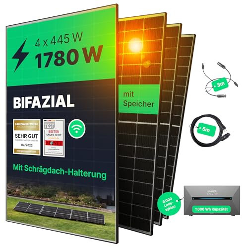 priwatt® Balkonkraftwerk priRoof Quattro mit Speicher zur Ziegeldach-Befestigung [1780 Wp] - Solaranlage Komplettset - 4 bifaziale Solarmodule mit Anker 2 Pro Solarspeicher & Dachhalterung