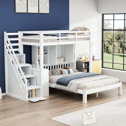 FEZTOY Etagenbett mit Treppe, Beweglicher Beistelltisch und Lagerregal, Kinderbetten 90x200cm+140x200cm, Multifunktionales Hochbett mit Rausfallschutz und Lattenrost, ohne Matratze