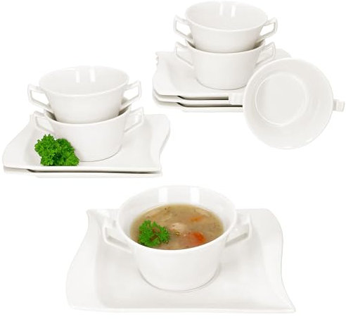 MamboCat Juego de 6 tazas soperas de 200 ml con platillos, sopera de porcelana blanca marfil con platillos rectangulares para 6 personas