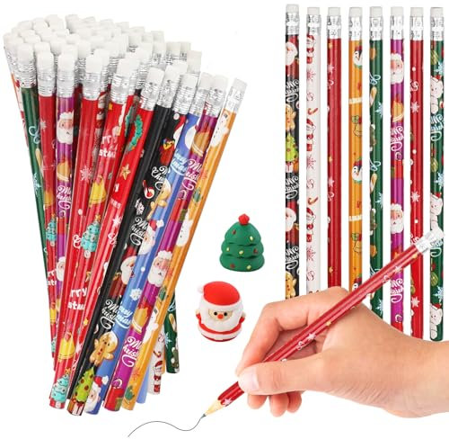 RUIYELE Weihnachten Schreibwaren Set- 60 Stück Weihnachten Bleistifte mit Radiergummi Weihnachtsmann Weihnachtsbaum Rentier Muster Bleistifte, 2 Stück Kartoon Weihnachten Bleistiftspitzer für Schüler