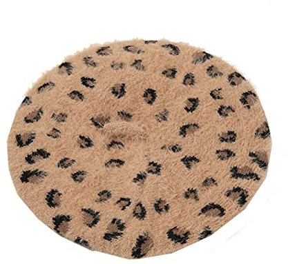 CHFYIJYHM Leopard Knitted Berets for Women Fashion Plush Fleece Painter Hat Stretch Winter Warm Hats Ladies Flat Hats