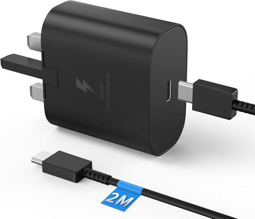 Samsung 25W USB-C Super Fast Charger with 2m Charging USB-C to C Cable+Travel Adapter Wall Plug Compatible with Galaxy S24/S24 Ultra/S24+/S23 Ultra/S22/S21/S20 FE/Note 20/A12/A13/A14/A33/A53/A54 &More