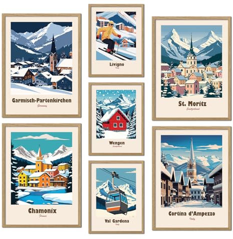 ag.art deco® Poster Set 7 Travel Berge mit Holz Rahmen | Winterresorts Garmish P. Livigno Chamonix St Moritz Cortina d'Ampezzo | Mehrteilige Wanddeko Wohnzimmer & Büro