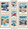 ag.art deco® Poster Set 7 Travel Berge mit Holz Rahmen | Winterresorts Garmish P. Livigno Chamonix St Moritz Cortina d'Ampezzo | Mehrteilige Wanddeko Wohnzimmer & Büro