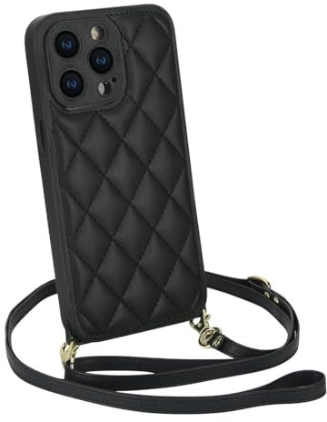 Gieehilry Crossbody Lanyard Case for iPhone 15 Plus, Pu Leather Phone Cover with Adjustable Necklace Strap Removable Neck Cord Lanyard Shockproof Protective Case Black