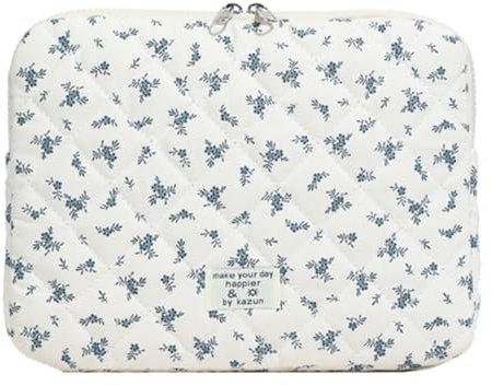 CHAMAIR Puffy Laptop Sleeve 11 Inch Cute Laptop Case Floral Quilted Laptop Sleeve Cute Notebook Cover Aesthetic Macbook Case 10'' 11'' (Blue 11in）