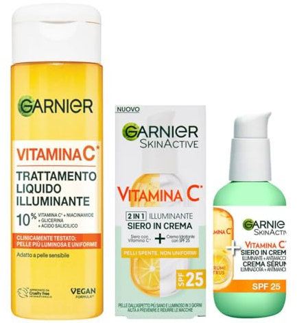 Garnier Vitamin C Flüssigbehandlung für das Gesicht aufhellende Formel Vegane Formel 120 ml und Serum in Creme 2in1 Spf 25 50 ml