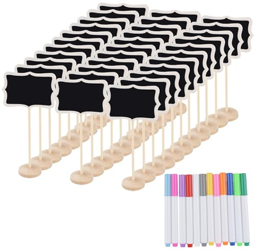 CHUENKUK 40 Stück Mini Kreidetafel mit Ständer, Kleine Tafeln Tischschilder zum Beschriften, Tafeln Klein zum Beschriften Holzschilder für Buffet, Geburtstag, Hochzeit Tischkarten