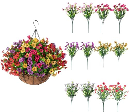 EUWLY 12 Pack Artificial Hanging Flowers for Outdoors, Realistic Faux Violet Bouquets with Eucalyptus, UV Resistant Fake Hanging Plants for Garden, Patio, Balcony Decor (Six colors)