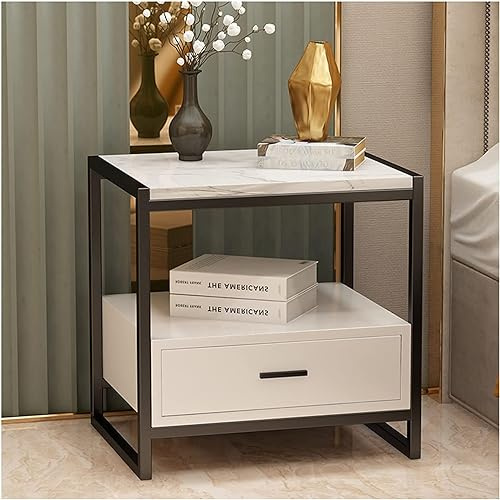 Leichter Luxus-marmor-nachttisch Mit 1 Schubladen Einfachheit Moderner Nachttisch Für Schlafzimmer Schmiedeeiserner Nachttisch Für Wohnzimmerbett, Rose Gold White, 50 * 40 * 50cm