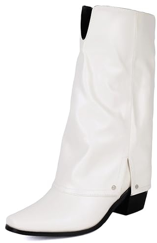 LarDorLin Donna Appuntito a Collo Alto Stivali da Cowboy Tacco a Blocco Slip Ｏn Moda Equestrian Esteriore Slouchy Frangia Polacchine Bianco Numero 39 EU (40 CN)