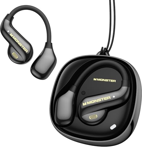 Monster Auriculares abiertos AC390, auriculares abiertos con sonido estéreo, Bluetooth 6.0, tiempo de reproducción de 24 horas, IPX5 impermeable, funda de carga giratoria con cordón, ultraligeros para