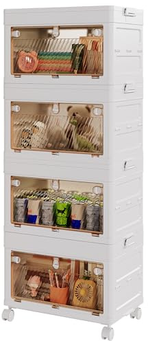 BTGGG 4 Pack Storage Boxes with Lids 40L*4 Tier Integrated Plastic Storage Boxes with Wheels, Flip-Door Stackable Foldable Collapsible Cube Crate Bins for Home Office Organization Outdoor Camping