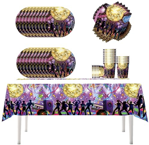 Fuwraixis Disco party tableware, 61 piece Retro Music birthday decoration cutlery, 70s 80s 90s party supplies set, Includes paper cups, plates, napkins and tablecloths