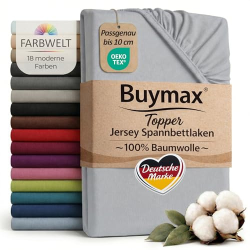 Buymax Jersey Spannbettlaken Topper 120x200 cm Silber 100% Baumwolle – Spannbetttuch für Topper bis 10 cm Höhe, atmungsaktiv, elastisch, Perfekter Sitz, Oeko-TEX