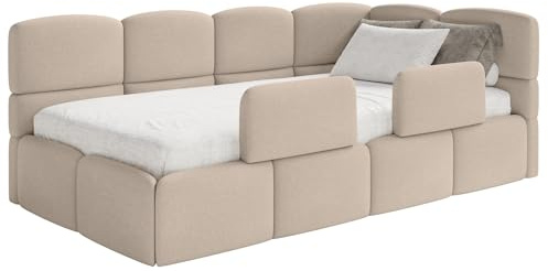 Selsey Jugendbett 120x200cm Beige Chenille Stoff mit Stauraum und Lattenrost, Polsterbett mit Bettkasten, Kinderbett mit 2 Schutzbarrieren, Jugendbett rechtsseitig mit gepolstertem Eckkopfteil