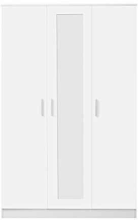 Reflect - 3 Door MIRROR Wardrobe with 4 Shelves and Handing Rail for Bedroom (H: 180cm x W: 113cm x D: 47cm) (White Gloss/Matt White)