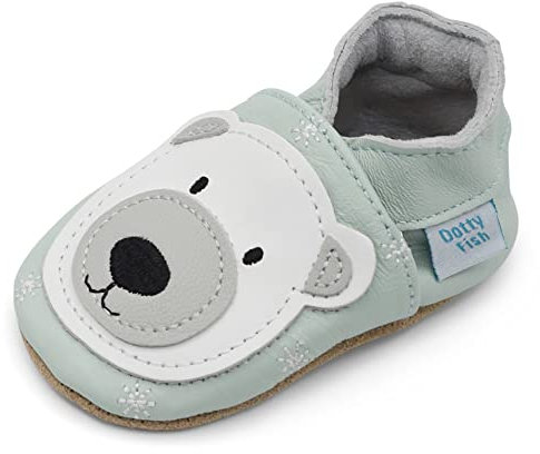 Dotty Fish Krabbelschuhe aus Leder – rutschfeste, weiche Sohle, Barfußgefühl, Lauflernschuhe & Babyschuhe für Jungen und Mädchen. Blau mit Eisbär. 3-4 Jahre (27 EU)