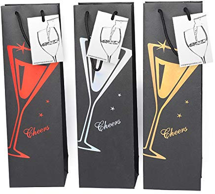 6 Pack Premium Black Wine Gift Bags with Gift Tag and Handles - Martini Design – Wine Bottle Carrier for Weddings, Anniversary, Birthdays, Special occasions, H: 39 cm x W: 12 cm x D: 9 cm